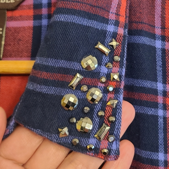 BIT & BRIDLE Red Navy Plaid Embellished Collar Long Sleeve Flannel Shirt Size XL - Picture 4 of 10